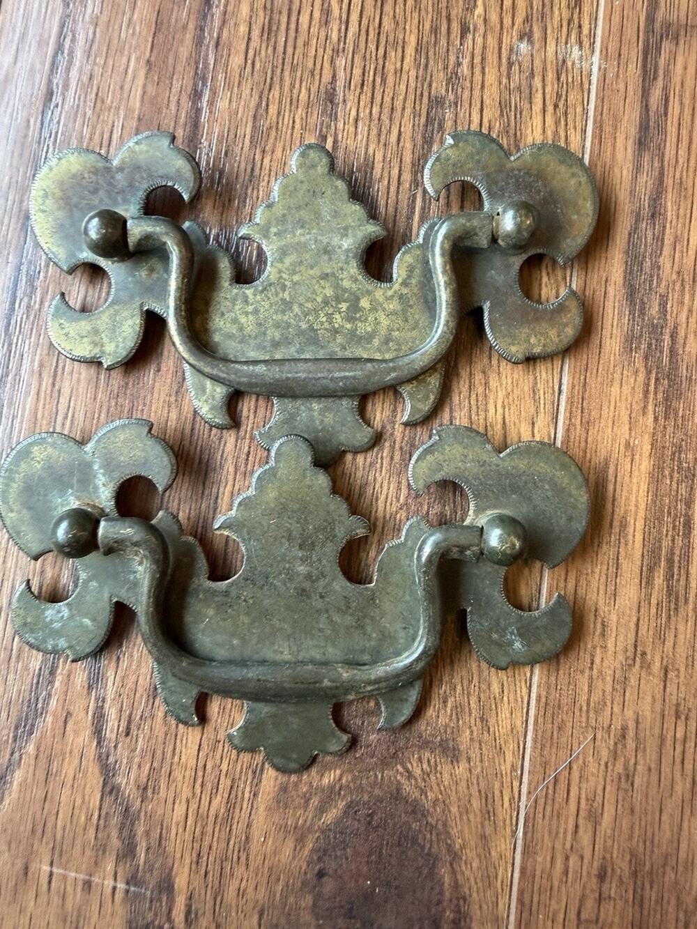 Vintage Brass Chippendale Batwing Drawer Pulls Pair 4" Ornate Bail Handle